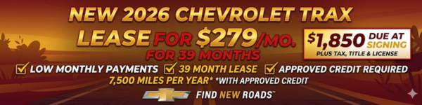 Lease this Trax from $279 per month! $1850 due at signing plus tax and tags 39 months, 7500 miles per year *with approved credit, not all buyers will qualify *must qualify for Lease Loyalty or Lease Conquest Rebate